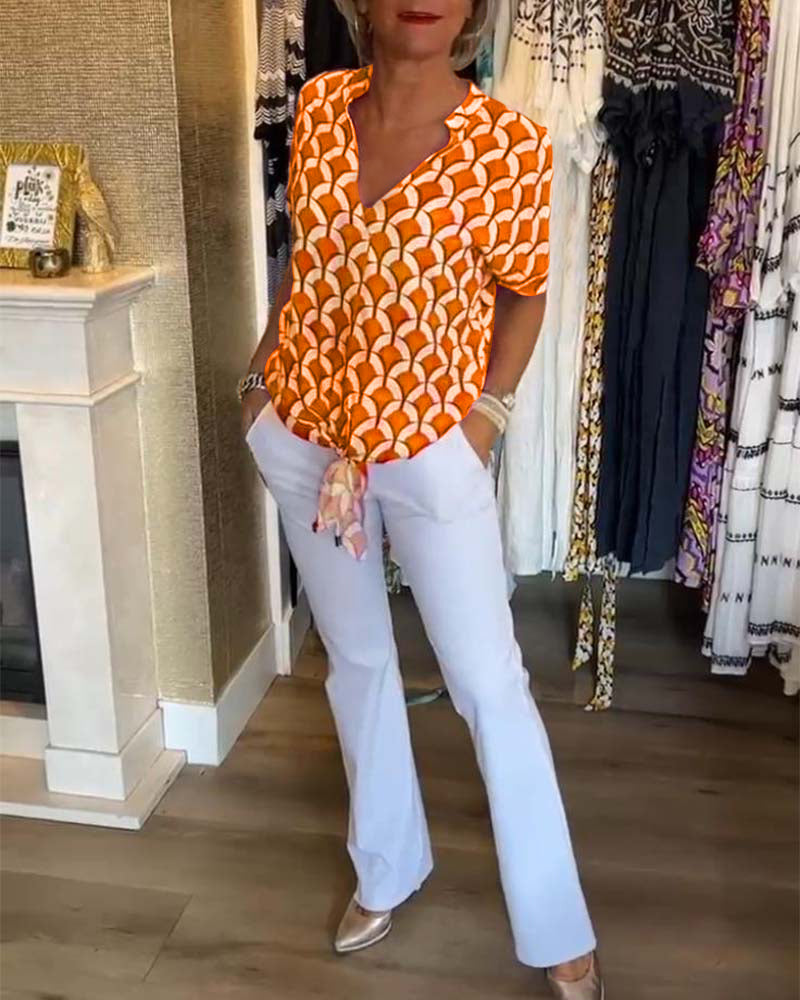 Ageless Elegance: Geometric V-Neck Top