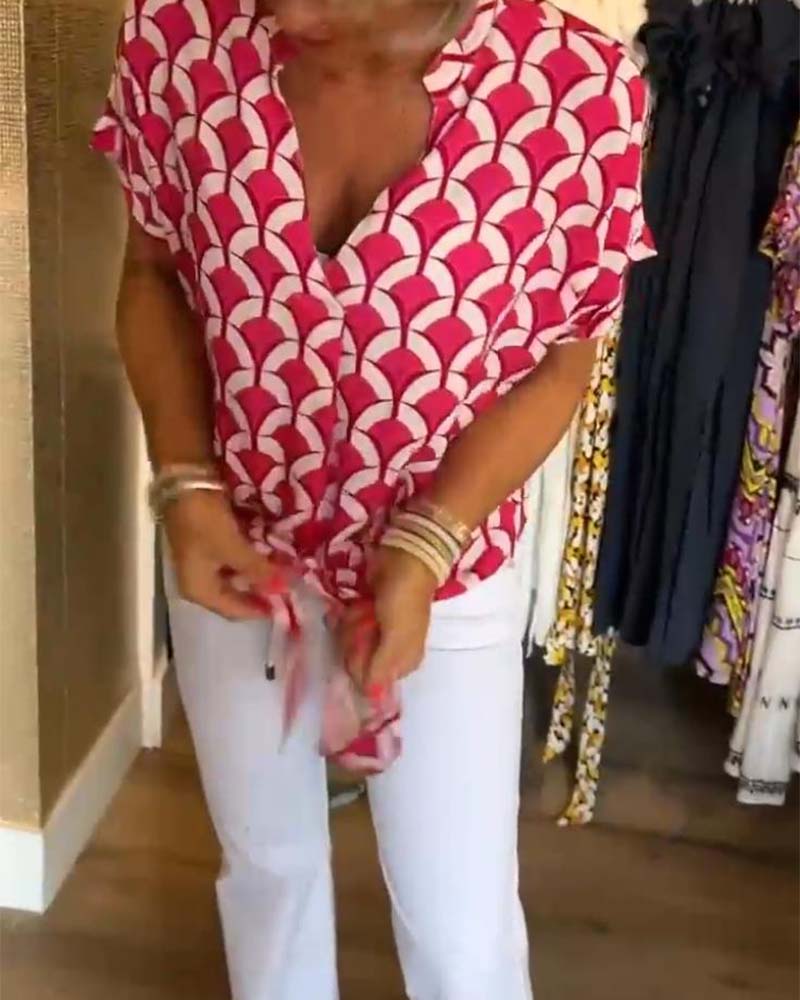 Ageless Elegance: Geometric V-Neck Top