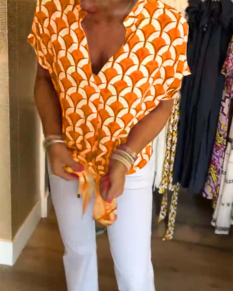 Ageless Elegance: Geometric V-Neck Top