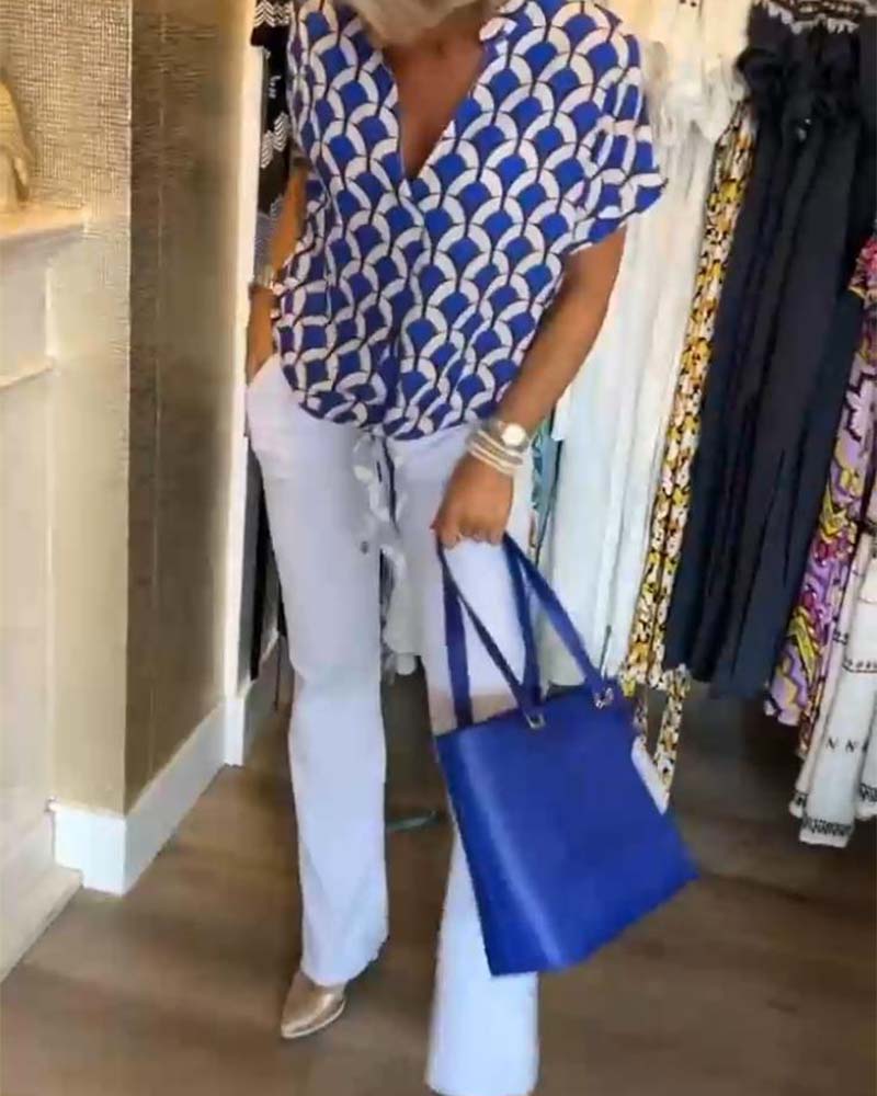 Ageless Elegance: Geometric V-Neck Top