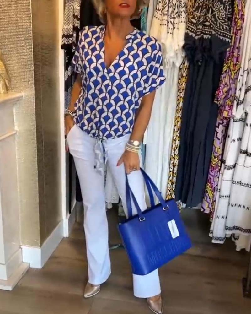 Ageless Elegance: Geometric V-Neck Top