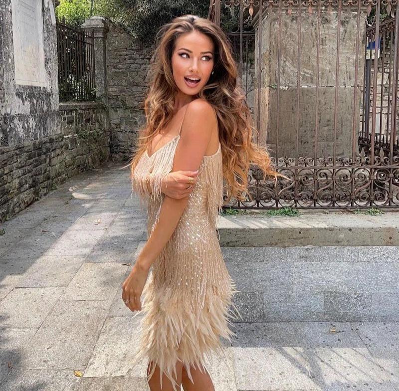 Feather-Adorned Mini Dress