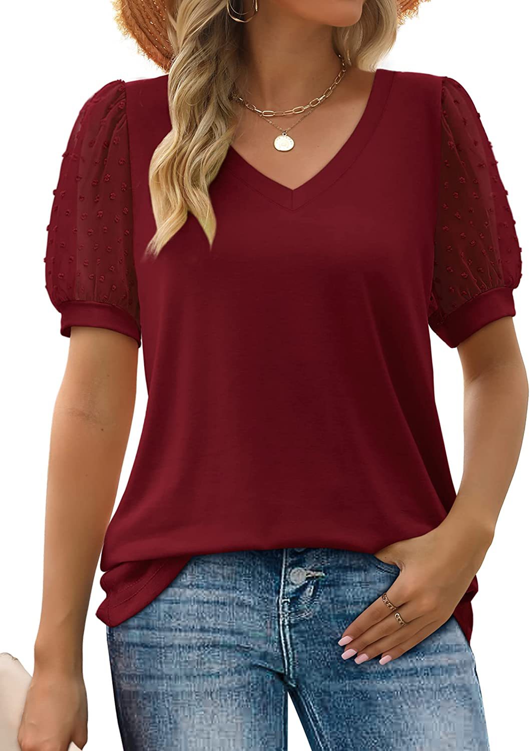 Rema Sheer-Sleeve V-Neck Top