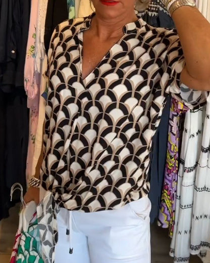 Ageless Elegance: Geometric V-Neck Top