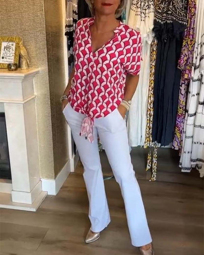 Ageless Elegance: Geometric V-Neck Top
