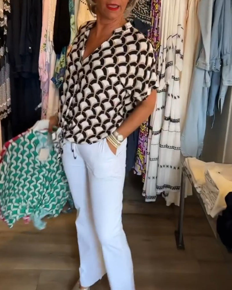 Ageless Elegance: Geometric V-Neck Top