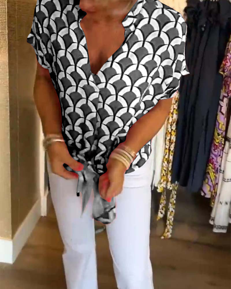 Ageless Elegance: Geometric V-Neck Top