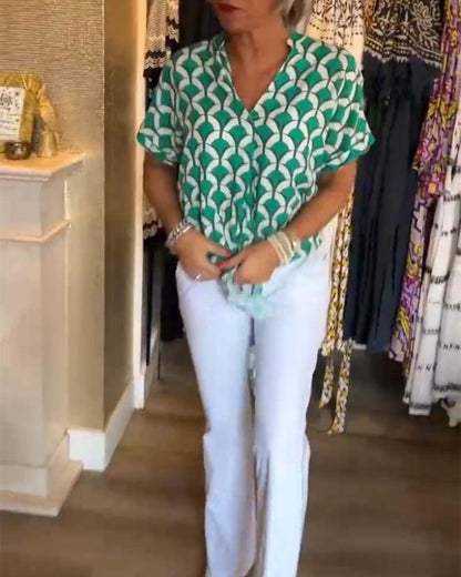 Ageless Elegance: Geometric V-Neck Top