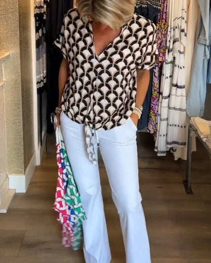 Ageless Elegance: Geometric V-Neck Top