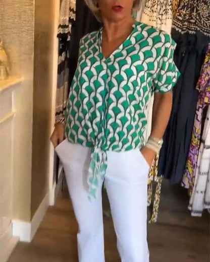 Ageless Elegance: Geometric V-Neck Top