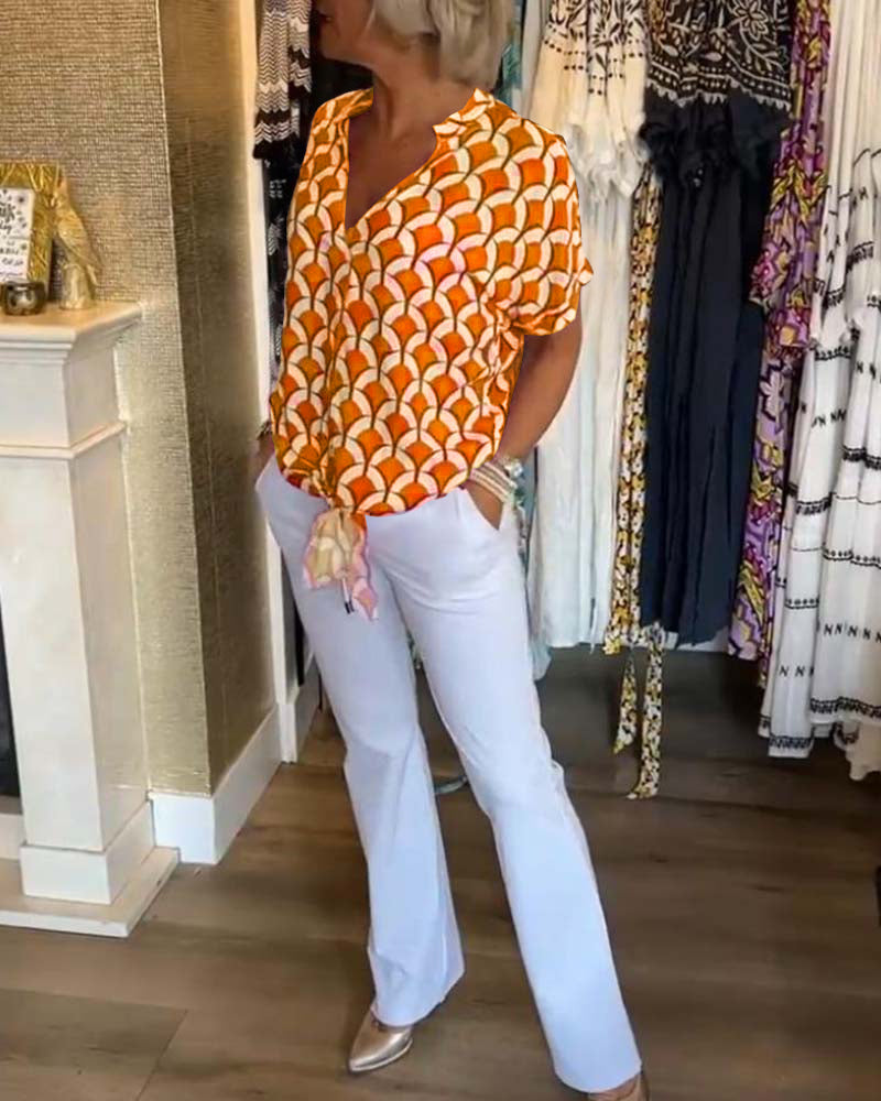 Ageless Elegance: Geometric V-Neck Top