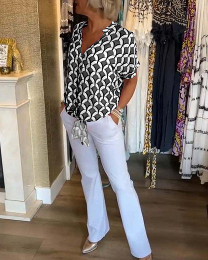 Ageless Elegance: Geometric V-Neck Top