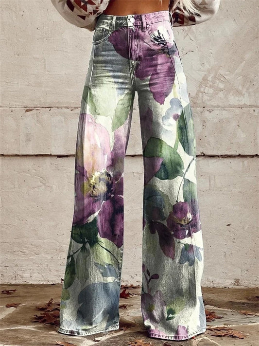 Pantaloni A Gamba-Larga Floreale